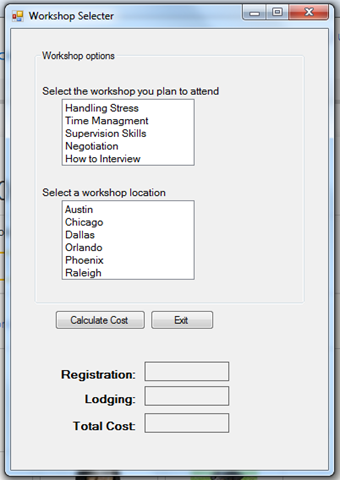 WorkShop Selector Form WorkShop Selector Form