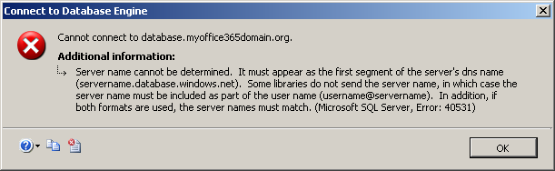 Server name cannot be determined from SQL Azure