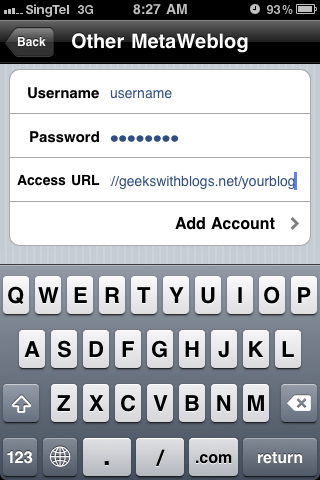 Key in http://geekswithblogs.net/yourblog/services/metablogapi.aspx in Access URL field