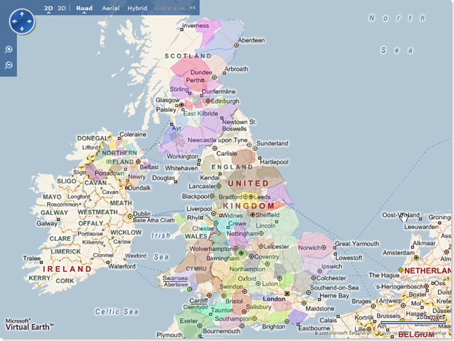 Great Britain's Administrative Areas overlaid on a Virtual Earth map