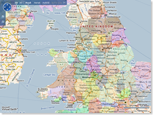 Great Britain's Administrative Areas overlaid on a Virtual Earth map