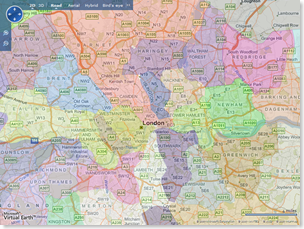 Great Britain's Administrative Areas overlaid on a Virtual Earth map (Zoom)