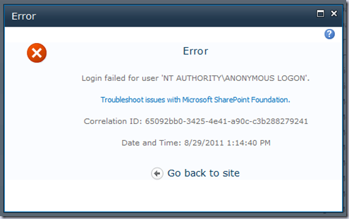 Error Dialog Screen Shot Login failed for user 'NT AUTHORITY\ANONYMOUS LOGON' during PowerPivot Service application creation