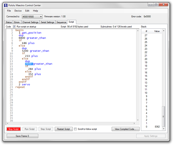 Servo script in Pololu Maestro Control Center