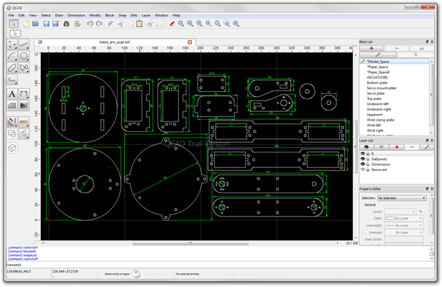 Robotic arm parts in QCAD