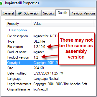 Properties of log4net.dll - file and product version
