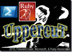 UppercuT Logo. With attributions to Microsoft for PowerShell Logo and Ruby Association for Ruby Logo