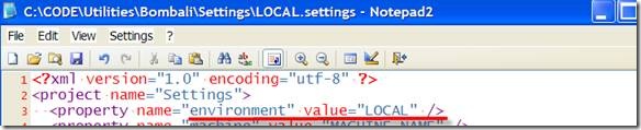 The settings file showing the environment property has been set.