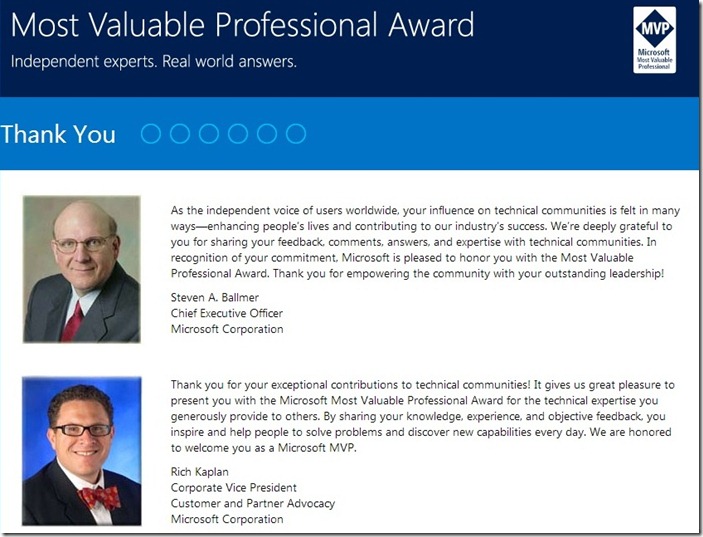 MVP award Thank you note MVP award Thank you note