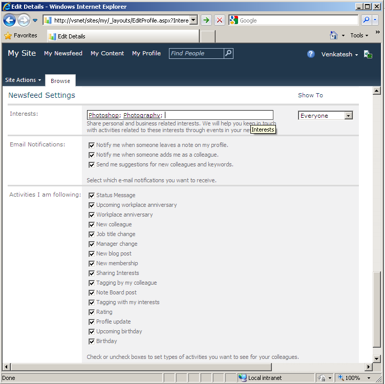 Activity Feed Settings