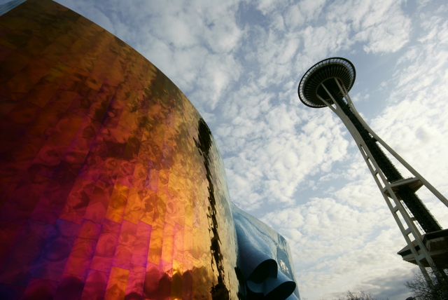 The Space Needle reflected into the SF and Rock museum